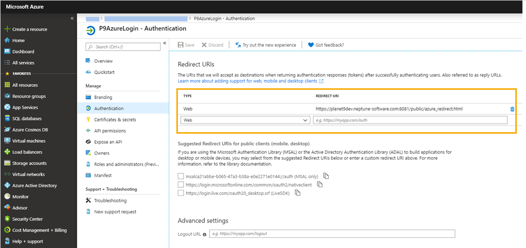 settings azure add uri