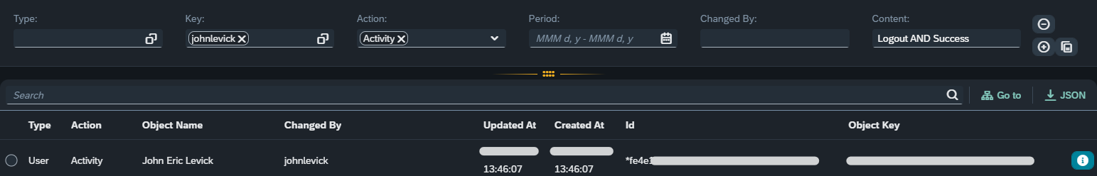 extended audits audit logs search john levick activity logout success result