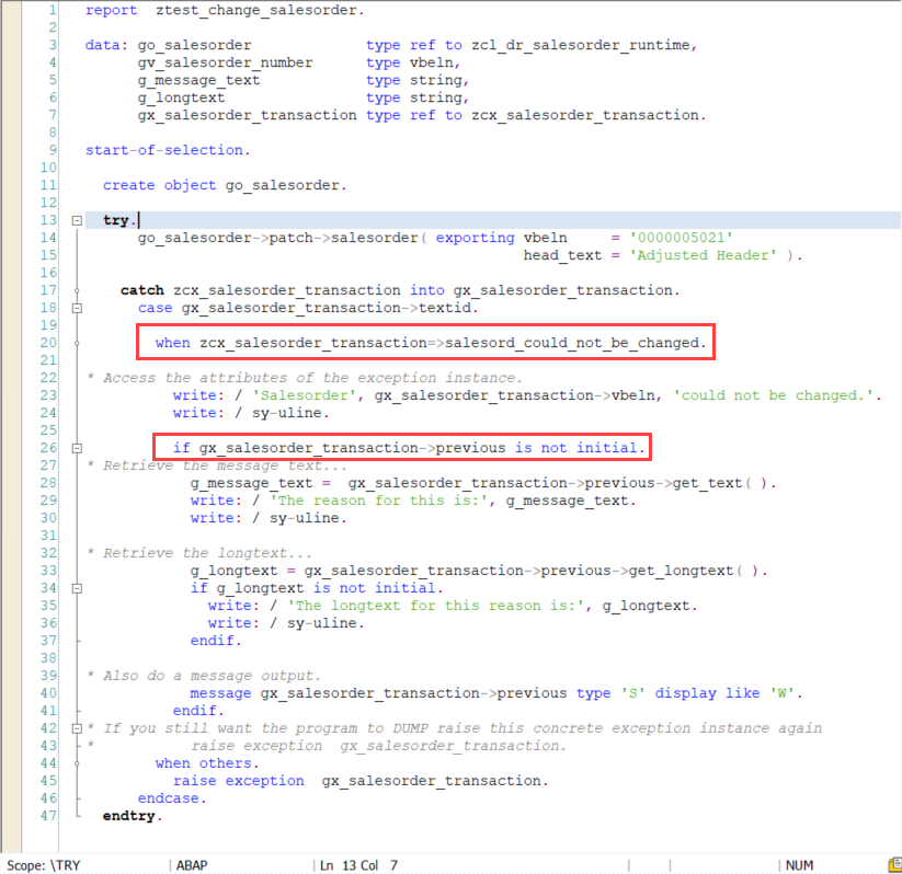 exceptionHandling Example Chain ABAPHandlingException